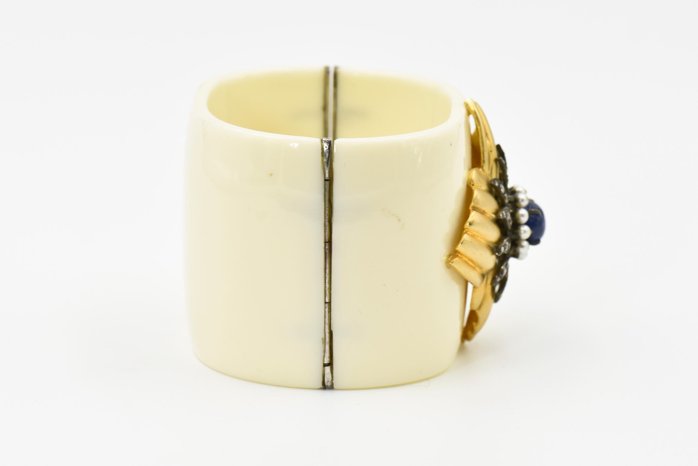 Diamond, Sapphire, and Pearl Gold Floral Accent on a Bakelite Bangle Bracelet In Good Condition For Sale In Miami Beach, FL