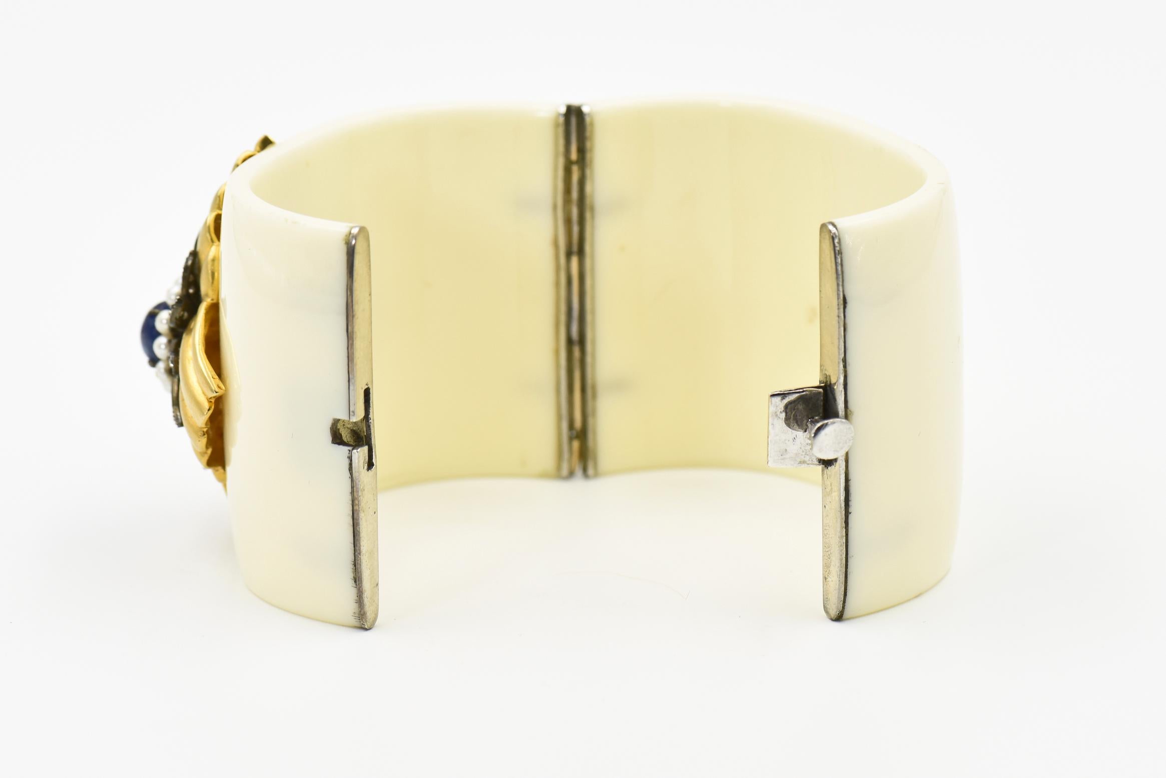 Women's Diamond, Sapphire, and Pearl Gold Floral Accent on a Bakelite Bangle Bracelet For Sale