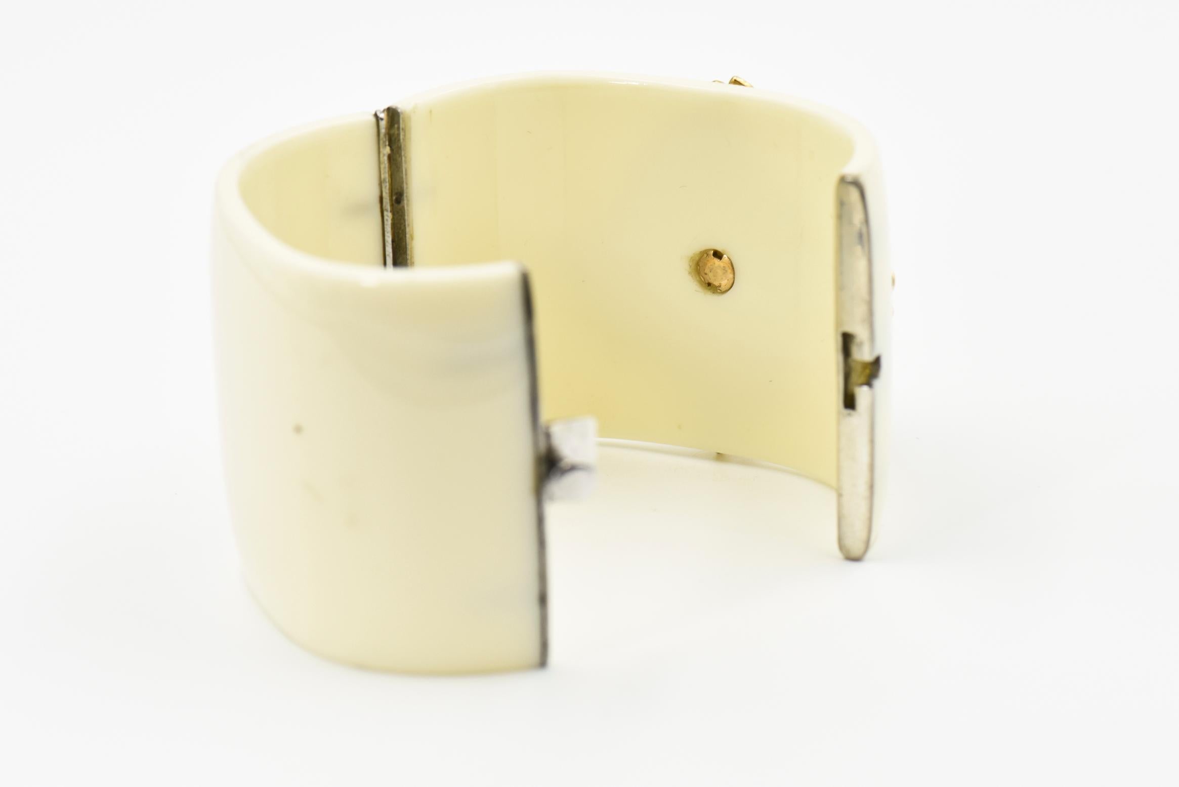 Diamond, Sapphire, and Pearl Gold Floral Accent on a Bakelite Bangle Bracelet For Sale 1