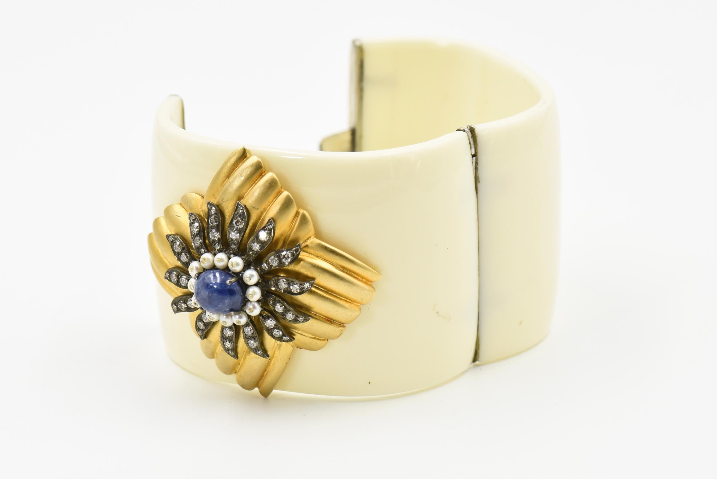 Diamond, Sapphire, and Pearl Gold Floral Accent on a Bakelite Bangle Bracelet For Sale 2