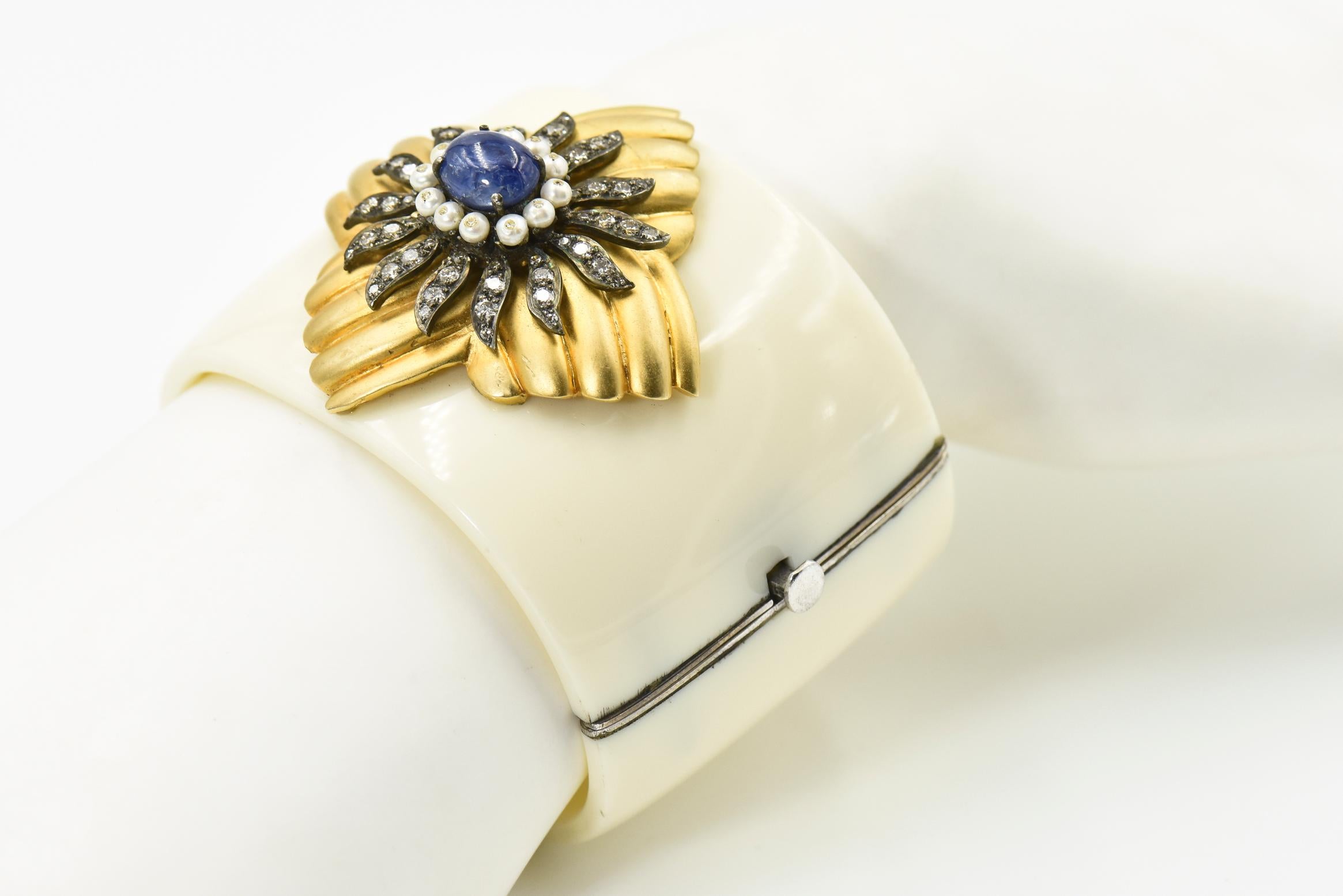 Diamond, Sapphire, and Pearl Gold Floral Accent on a Bakelite Bangle Bracelet For Sale 3