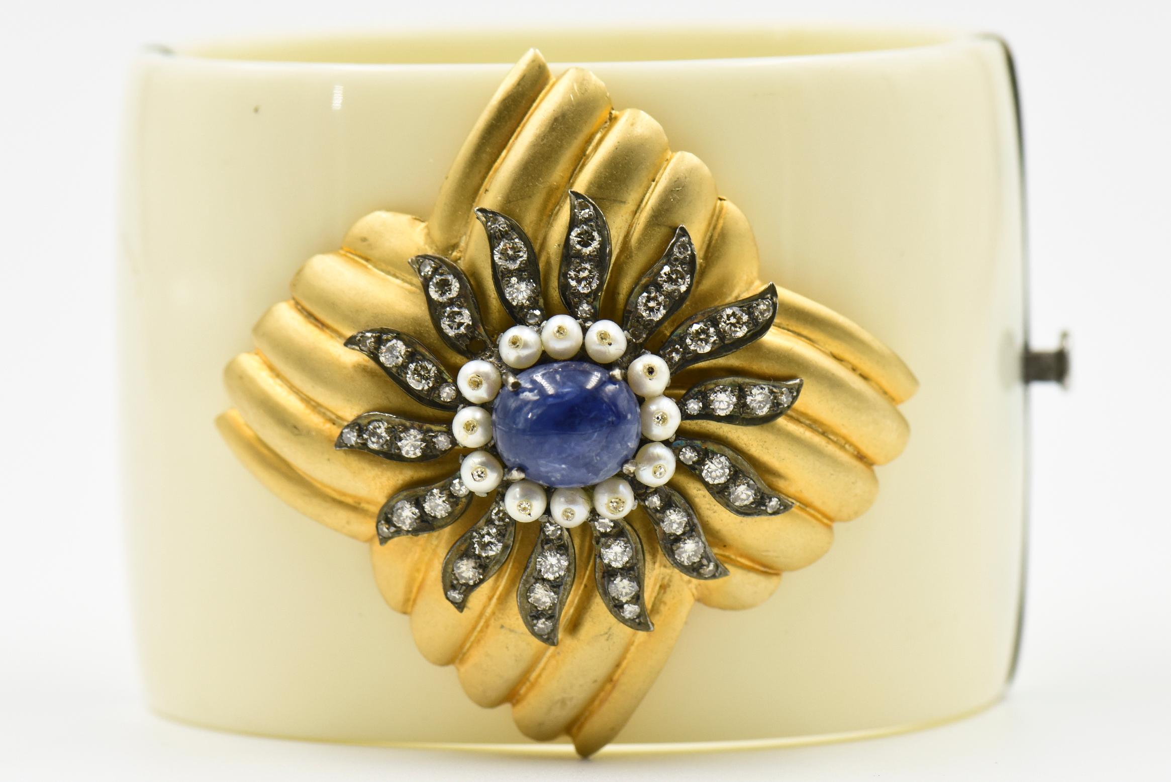 Diamond, Sapphire, and Pearl Gold Floral Accent on a Bakelite Bangle Bracelet For Sale 4
