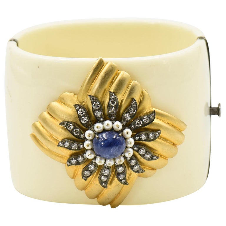 Diamond, Sapphire, and Pearl Gold Floral Accent on a Bakelite Bangle ...