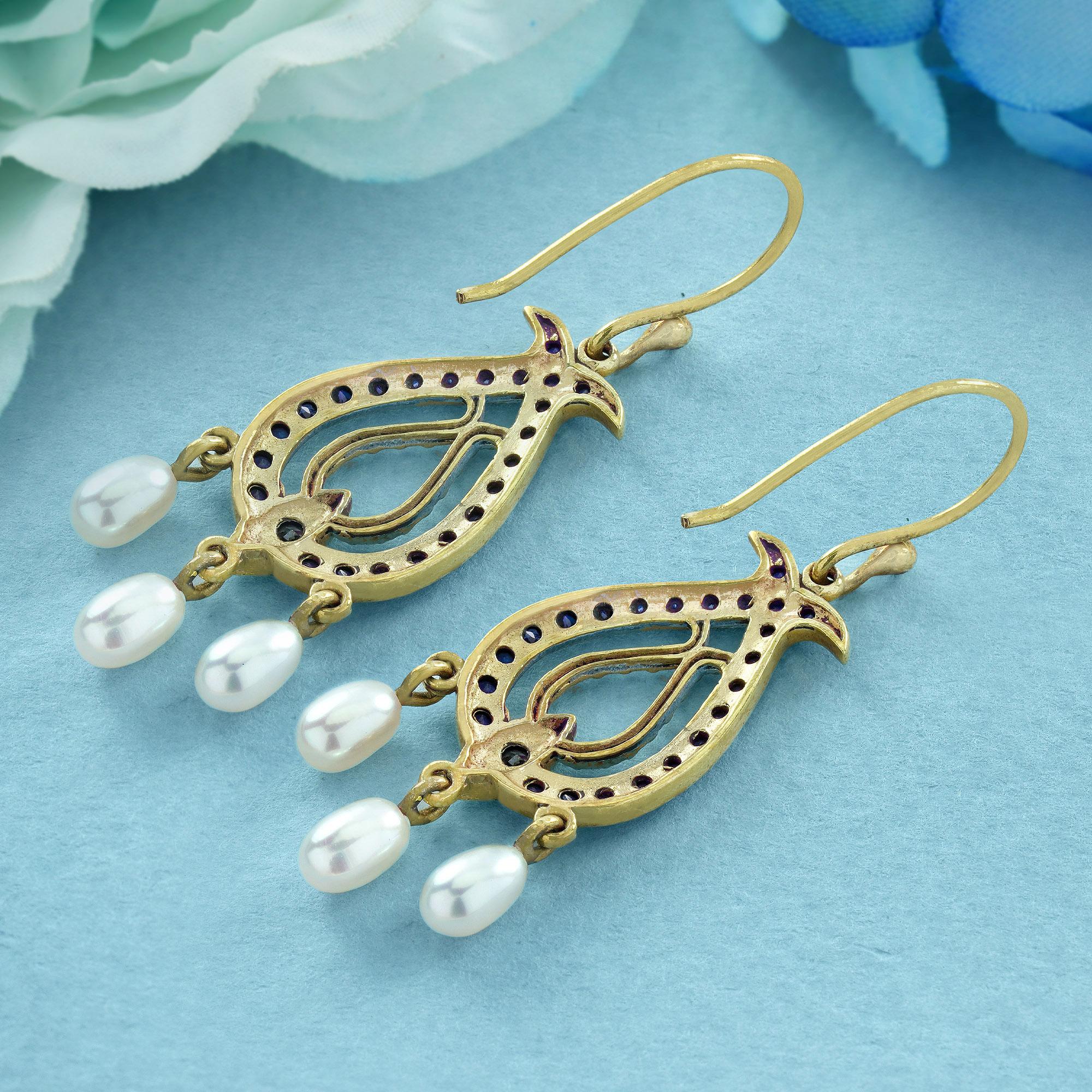 Diamant Saphir und Perle Vintage Style Tropfen Ohrringe in massivem 9K Gold (Rundschliff) im Angebot