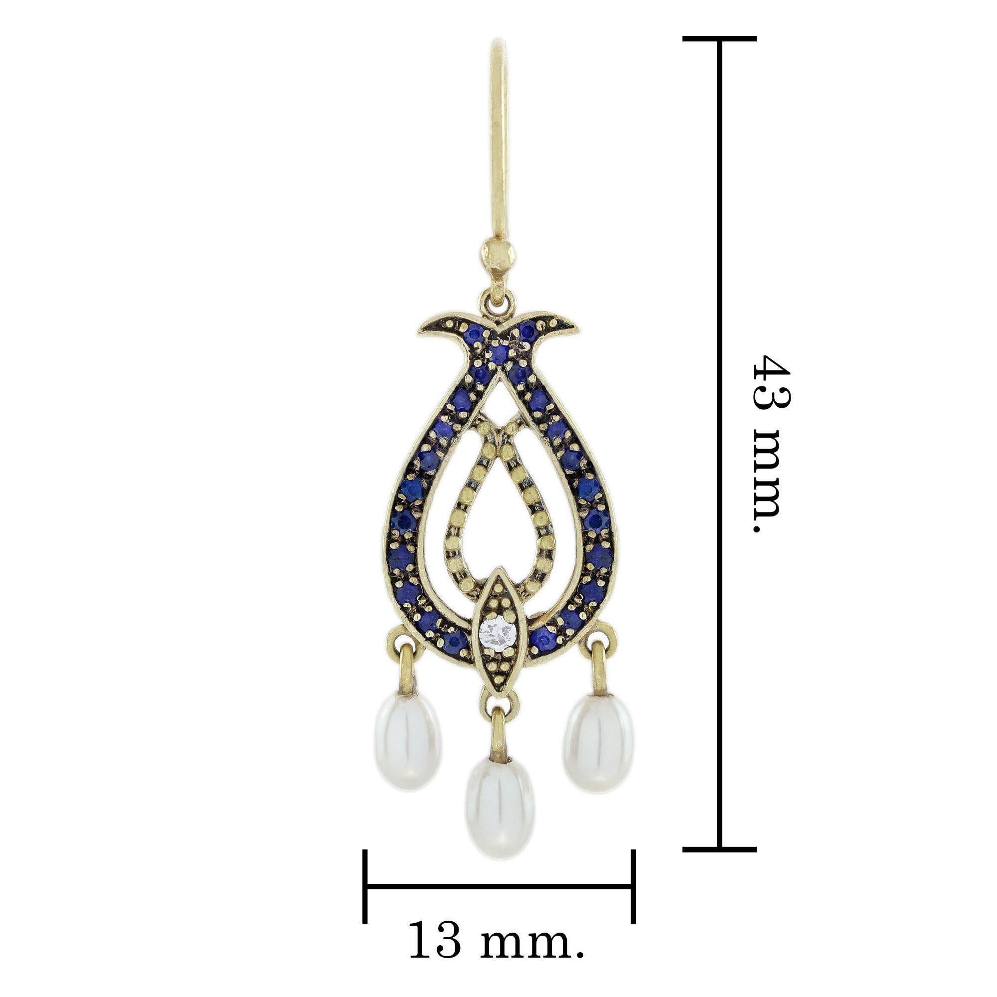 Diamant Saphir und Perle Vintage Style Tropfen Ohrringe in massivem 9K Gold im Zustand „Neu“ im Angebot in Bangkok, TH