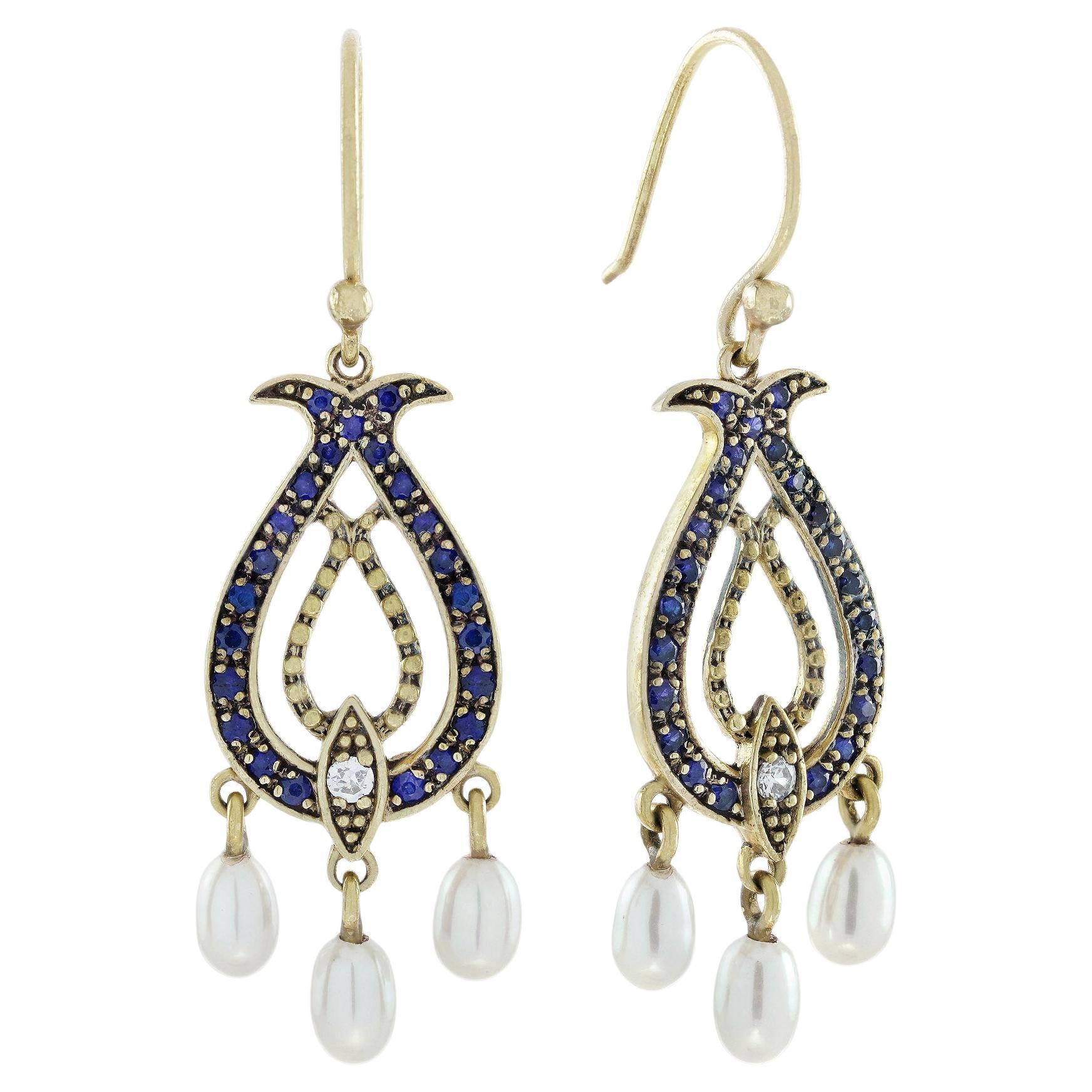 Diamond Sapphire and Pearl Vintage Style Drop Earrings in Solid 9K Gold