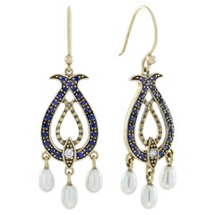 Boucles d'oreilles pendantes en or massif 9K avec diamants, saphirs et perles de style vintage