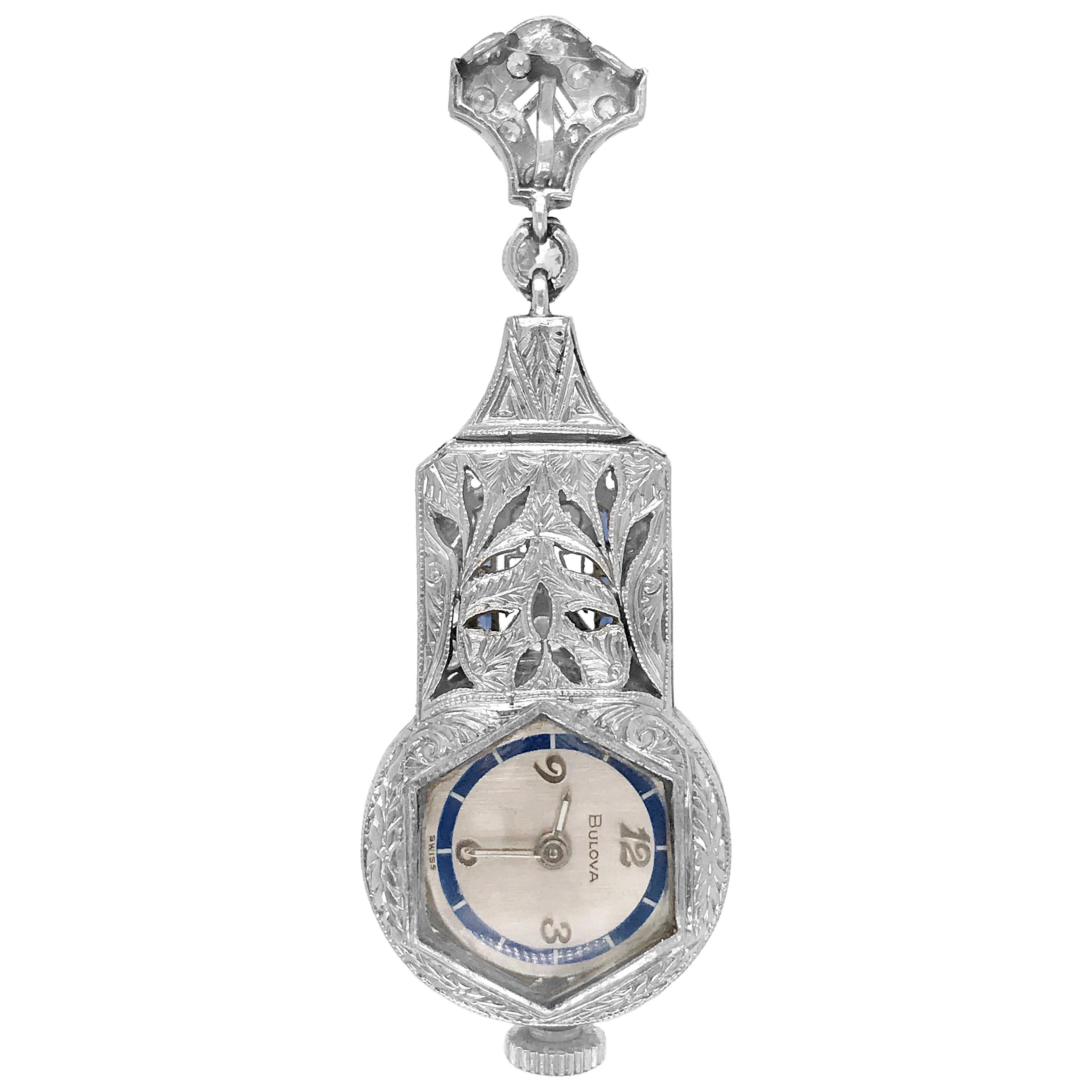 Diamond, Sapphire and Platinum Pendant Watch, Bulova