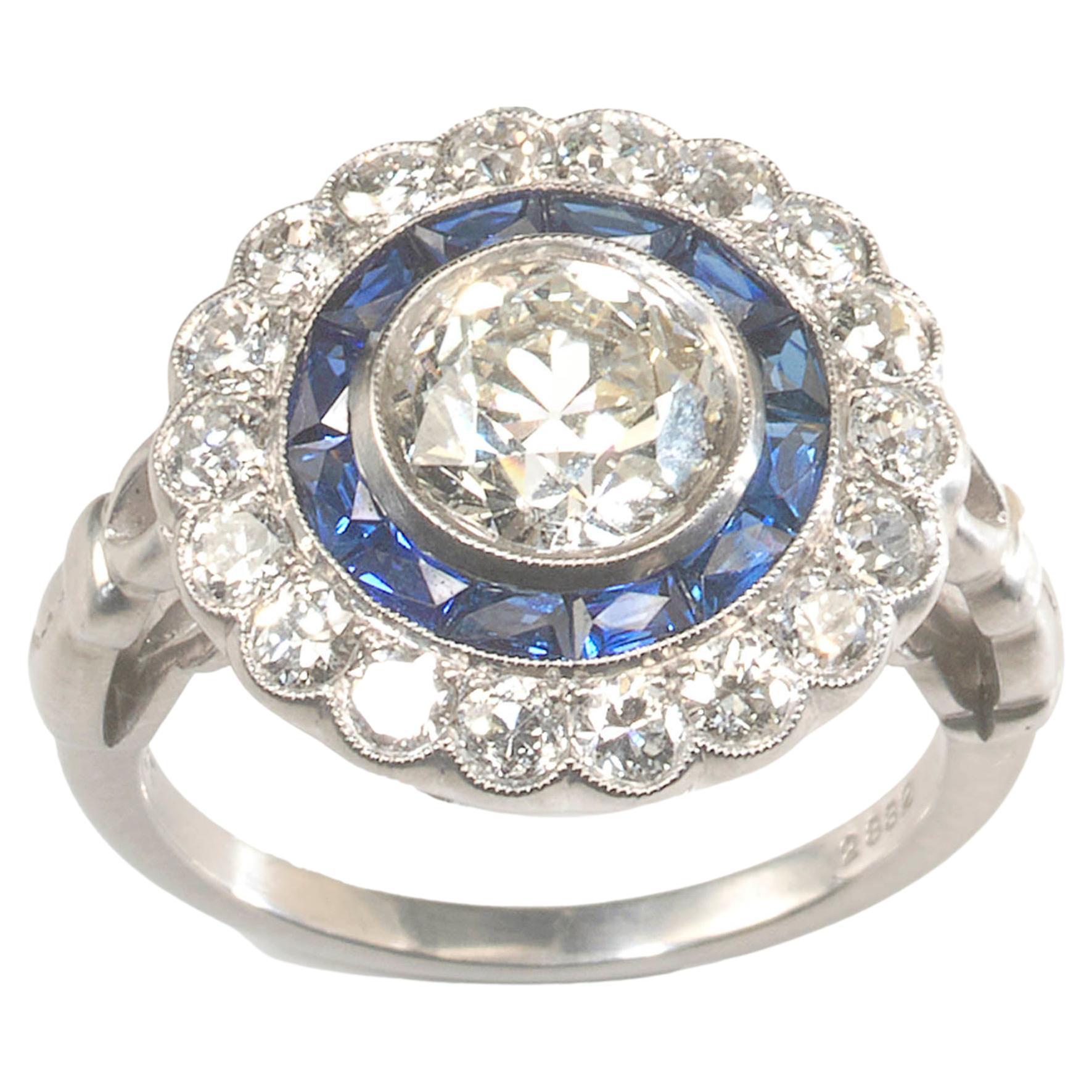 Diamond, Sapphire and Platinum Target Ring, 1.40 Carats