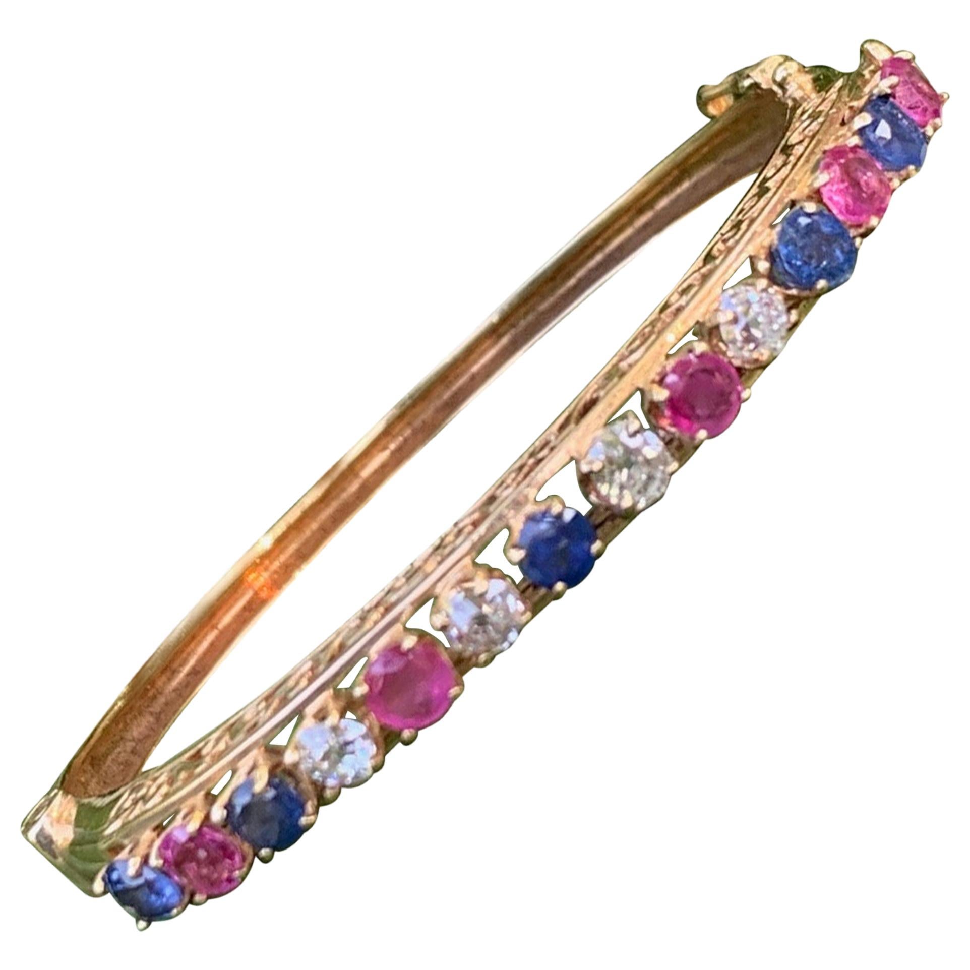 Diamond, Sapphire and Ruby 14 Karat Gold Bangle Bracelet For Sale