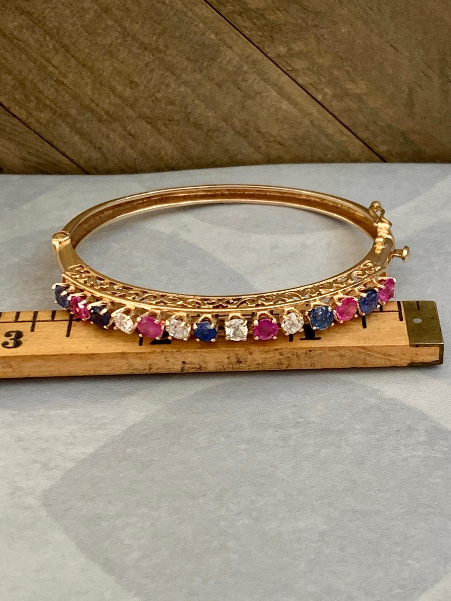 Diamond, Sapphire and Ruby 14 Karat Gold Bangle Bracelet For Sale 5