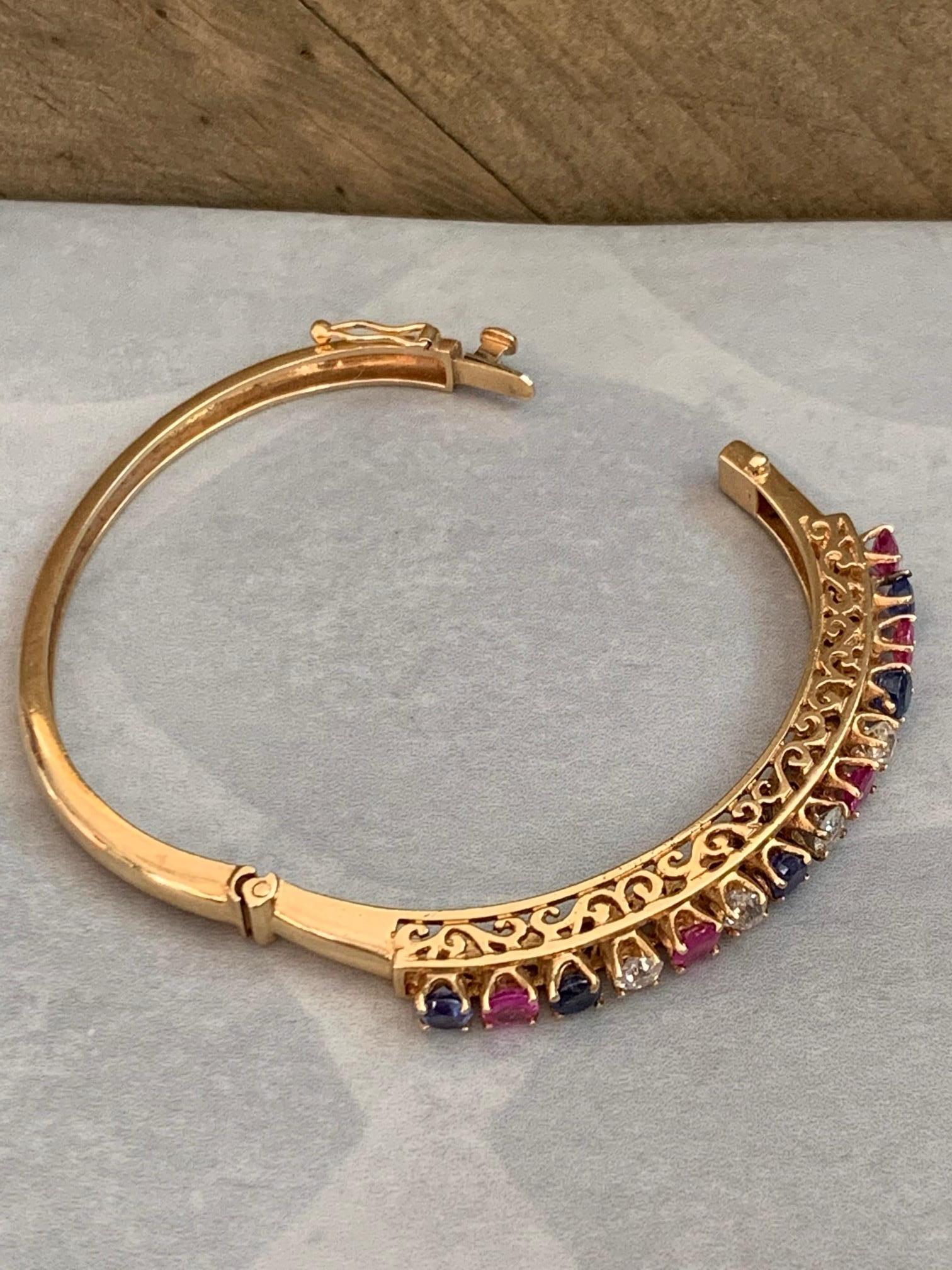 Round Cut Diamond, Sapphire and Ruby 14 Karat Gold Bangle Bracelet For Sale