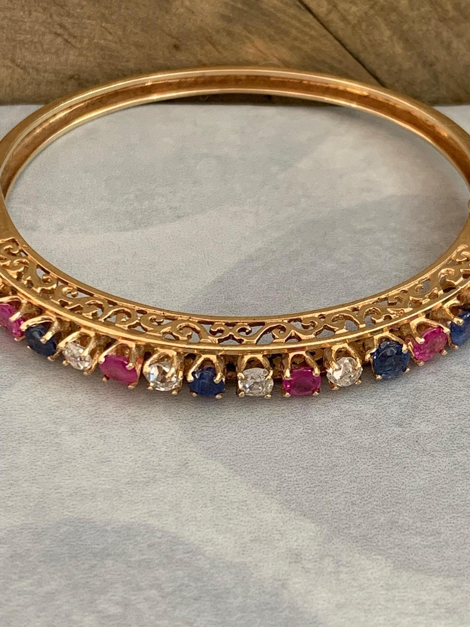 Diamond, Sapphire and Ruby 14 Karat Gold Bangle Bracelet For Sale 1