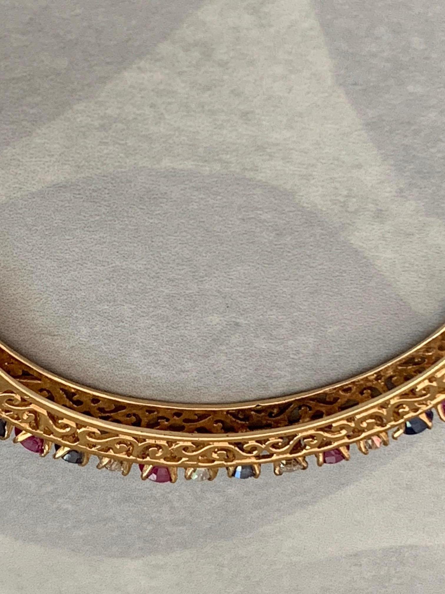 Diamond, Sapphire and Ruby 14 Karat Gold Bangle Bracelet For Sale 2