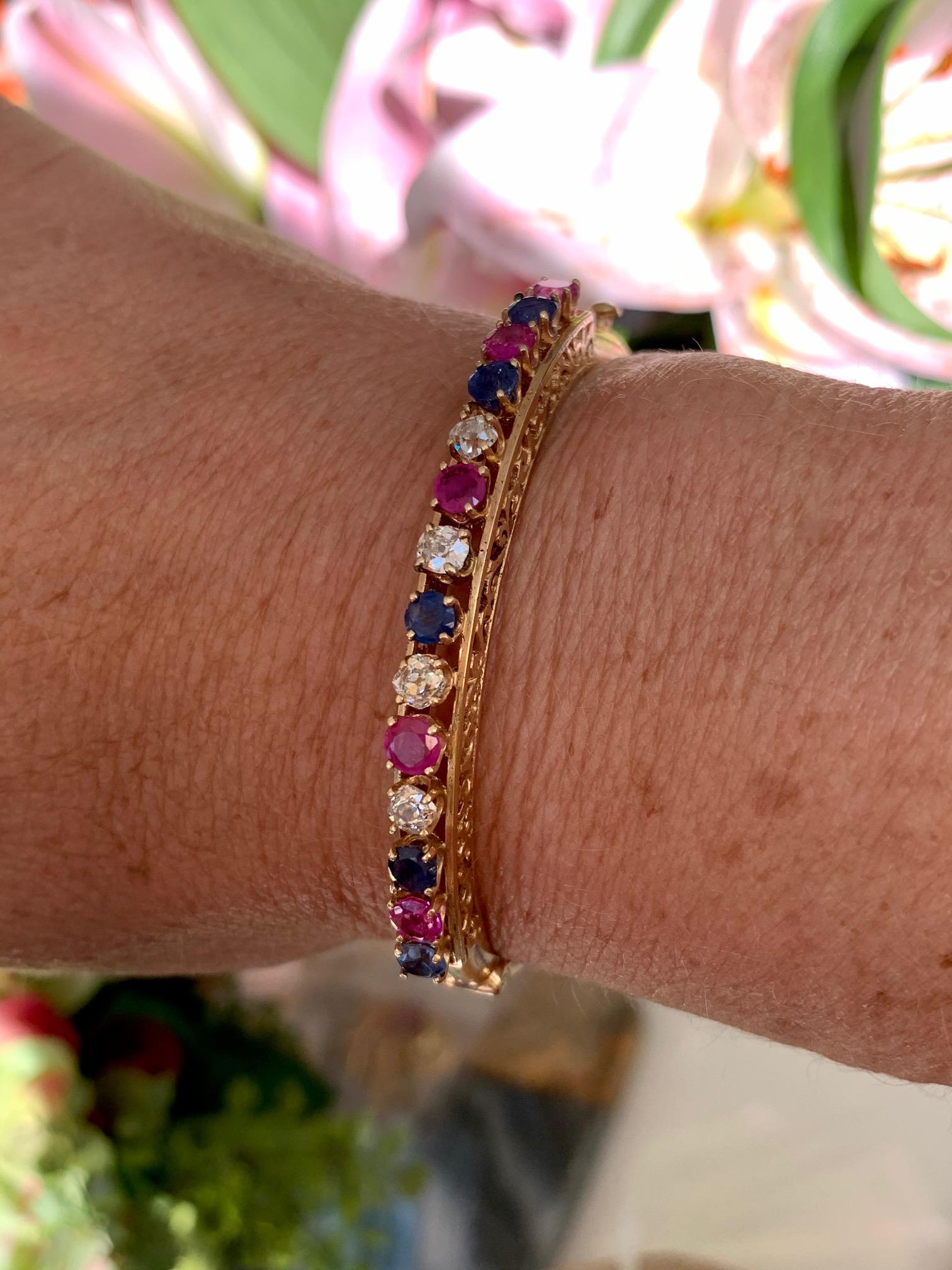 Diamond, Sapphire and Ruby 14 Karat Gold Bangle Bracelet For Sale 3