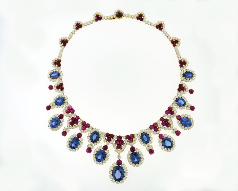 Women's Bulgari Diamond Sapphire Ruby Fringe Necklace For Sale