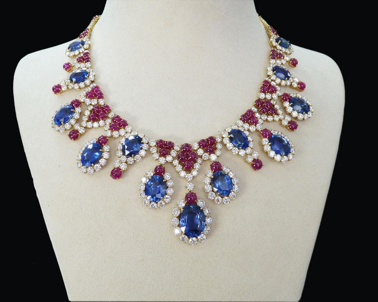 Oval Cut Bulgari Diamond Sapphire Ruby Fringe Necklace For Sale