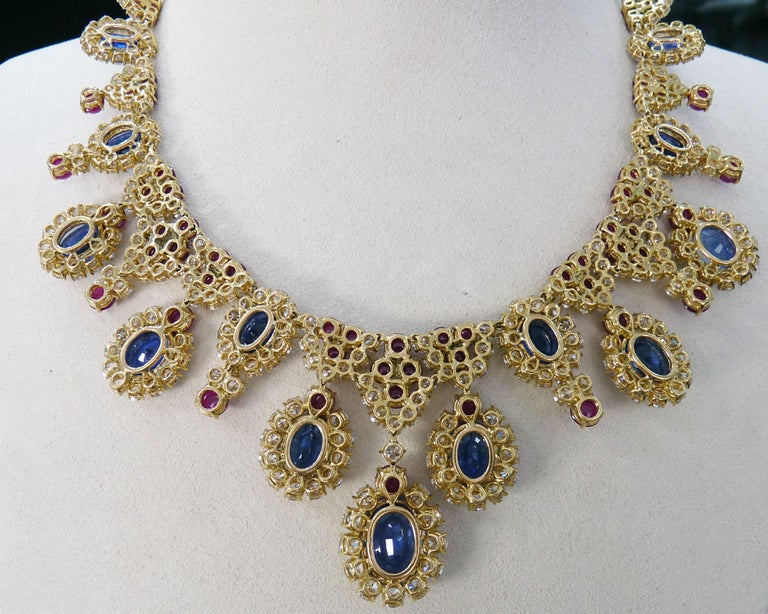 Bulgari Diamond Sapphire Ruby Fringe Necklace In Excellent Condition For Sale In New York, NY