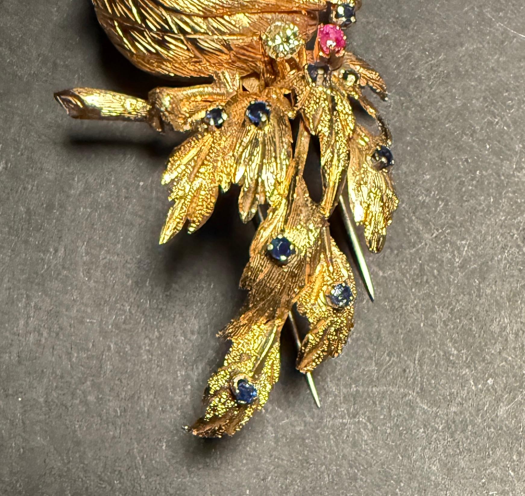 Italian Diamond, Sapphire And Ruby 18K Gold Bird Form Brooch Pin For Sale