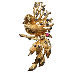 Diamond, Sapphire And Ruby 18K Gold Bird Form Brooch Pin