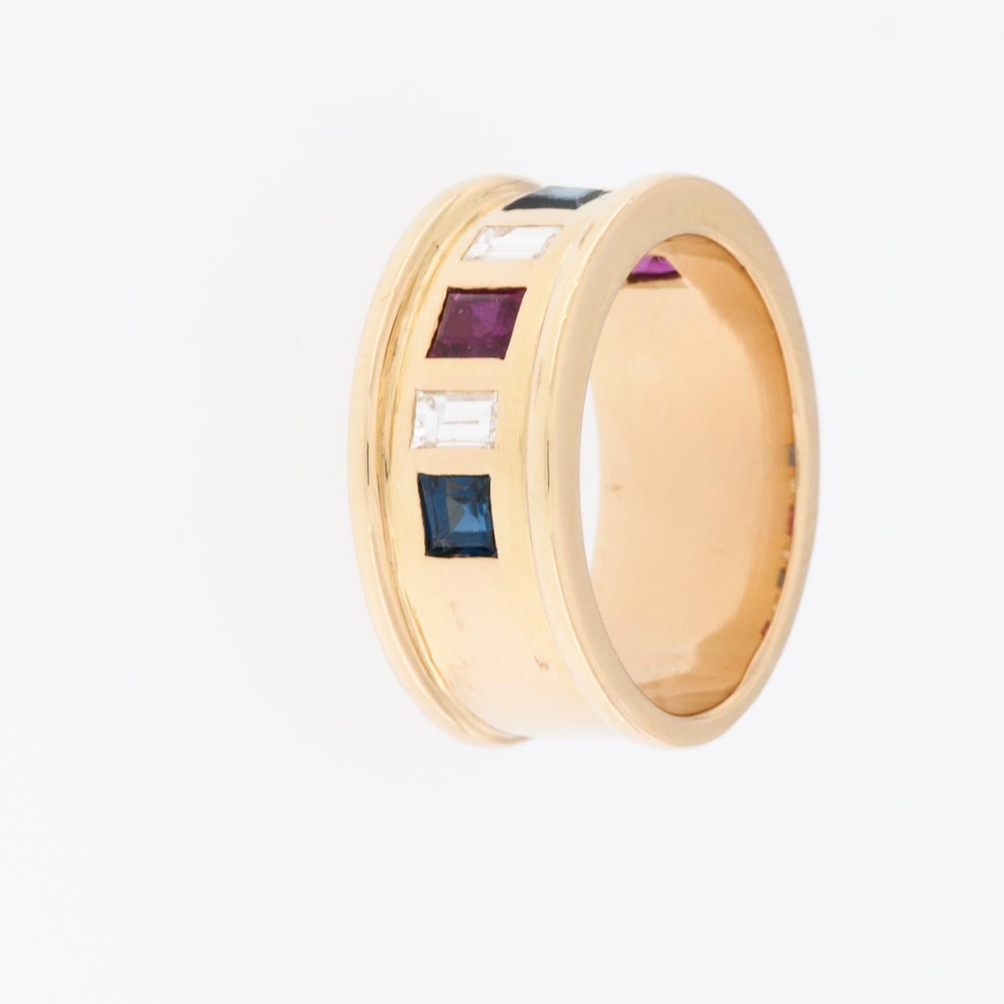Artisan Diamond, Sapphire and Ruby 18kt Yellow Gold Swiss Vintage Ring  For Sale