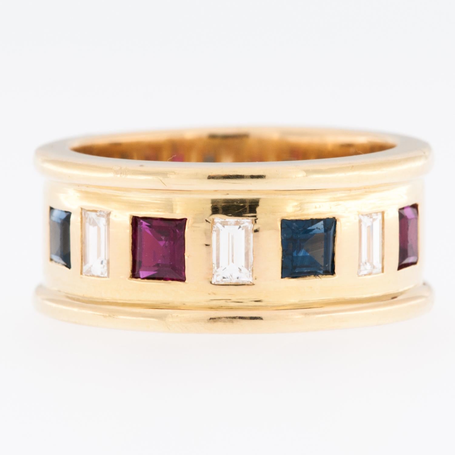 Mixed Cut Diamond, Sapphire and Ruby 18kt Yellow Gold Swiss Vintage Ring  For Sale