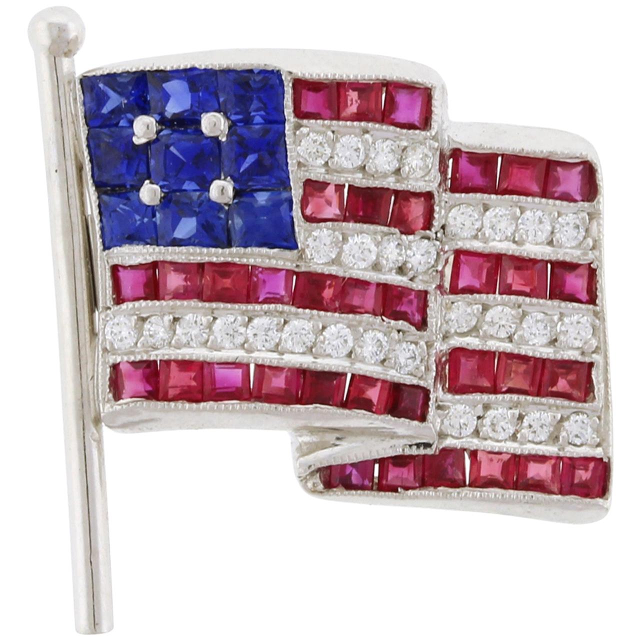 Diamond, Sapphire and Ruby American Flag Pin/Brooch