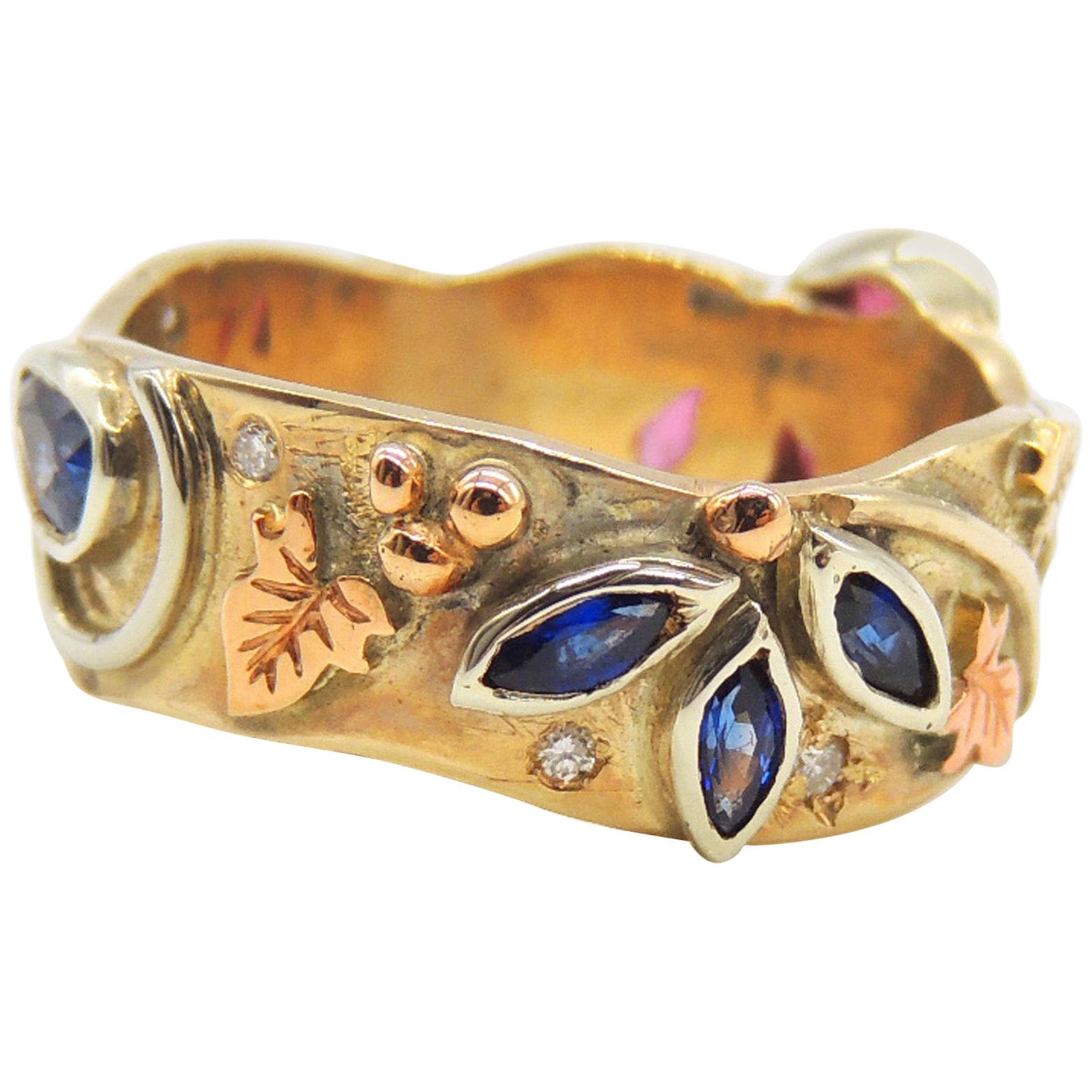 Diamond, Sapphire and Ruby Handmade Unique Mixed Gold Autumn Art Nouveau Ring