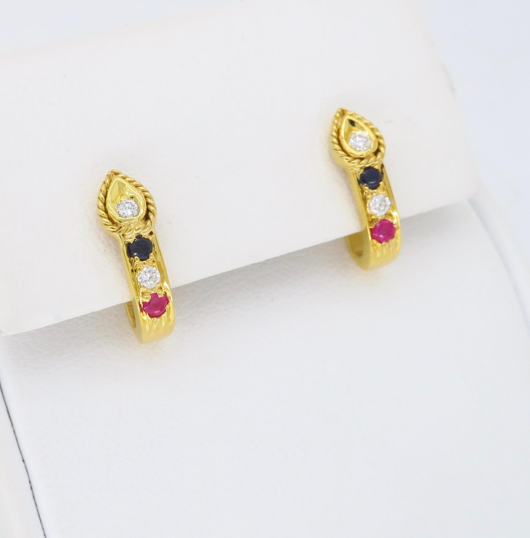 Round Cut Diamond, Sapphire, and Ruby High Karat Gold Earrings