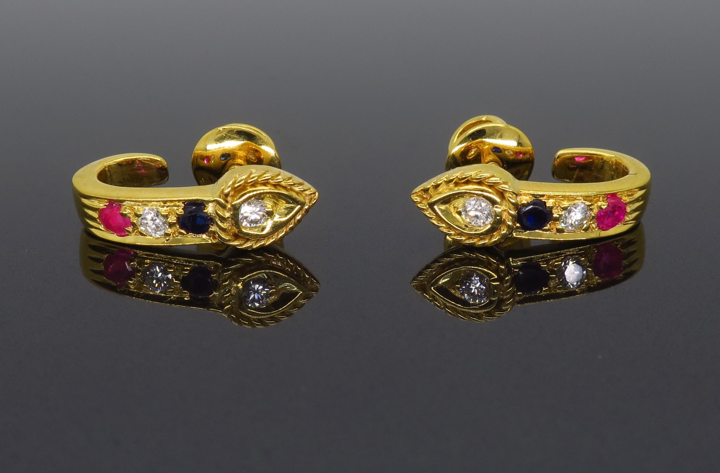 Diamond, Sapphire, and Ruby High Karat Gold Earrings In Excellent Condition In Webster, NY