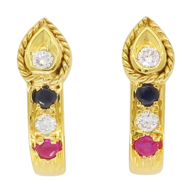 Diamond, Sapphire, and Ruby High Karat Gold Earrings