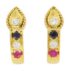 Diamond, Sapphire, and Ruby High Karat Gold Earrings