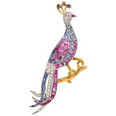 Retro Diamond, Sapphire and Ruby Peacock Brooch