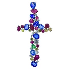 Diamond, Sapphire and Ruby Vintage Cross Pendant, c 1981.