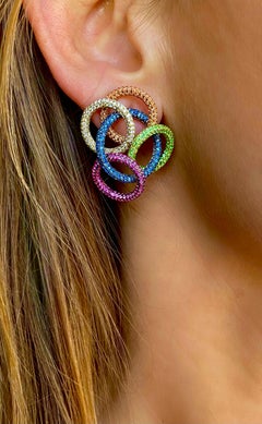 Diamond, Sapphire and Tsavorite Contemporary Yellow Gold Hoop Earrings