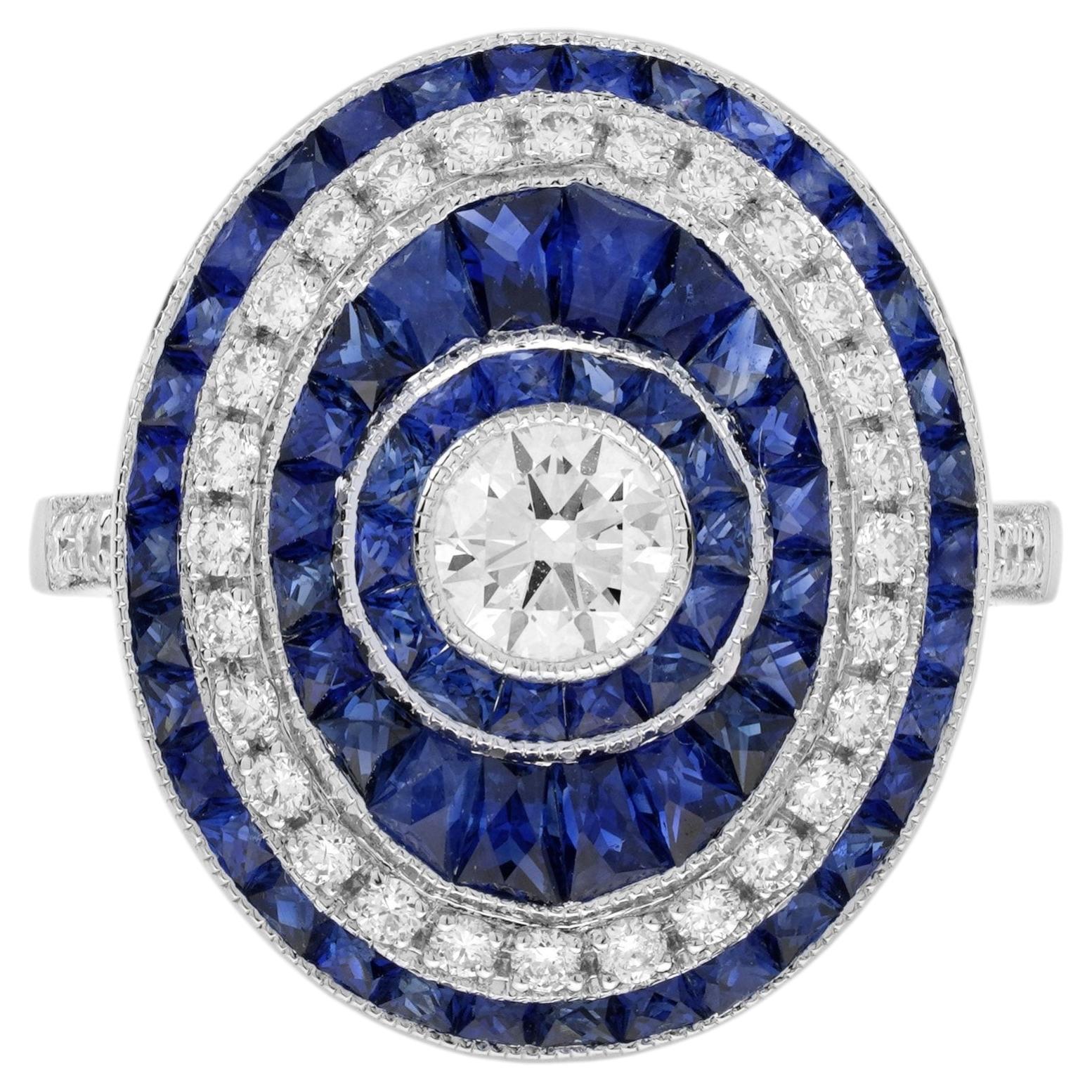 Diamond Sapphire Art Deco Style Cocktail Ring in 18K White Gold