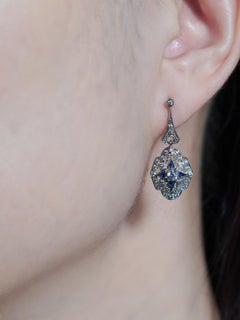Diamond Sapphire Art Deco Style Drop Earrings in 14K White Gold