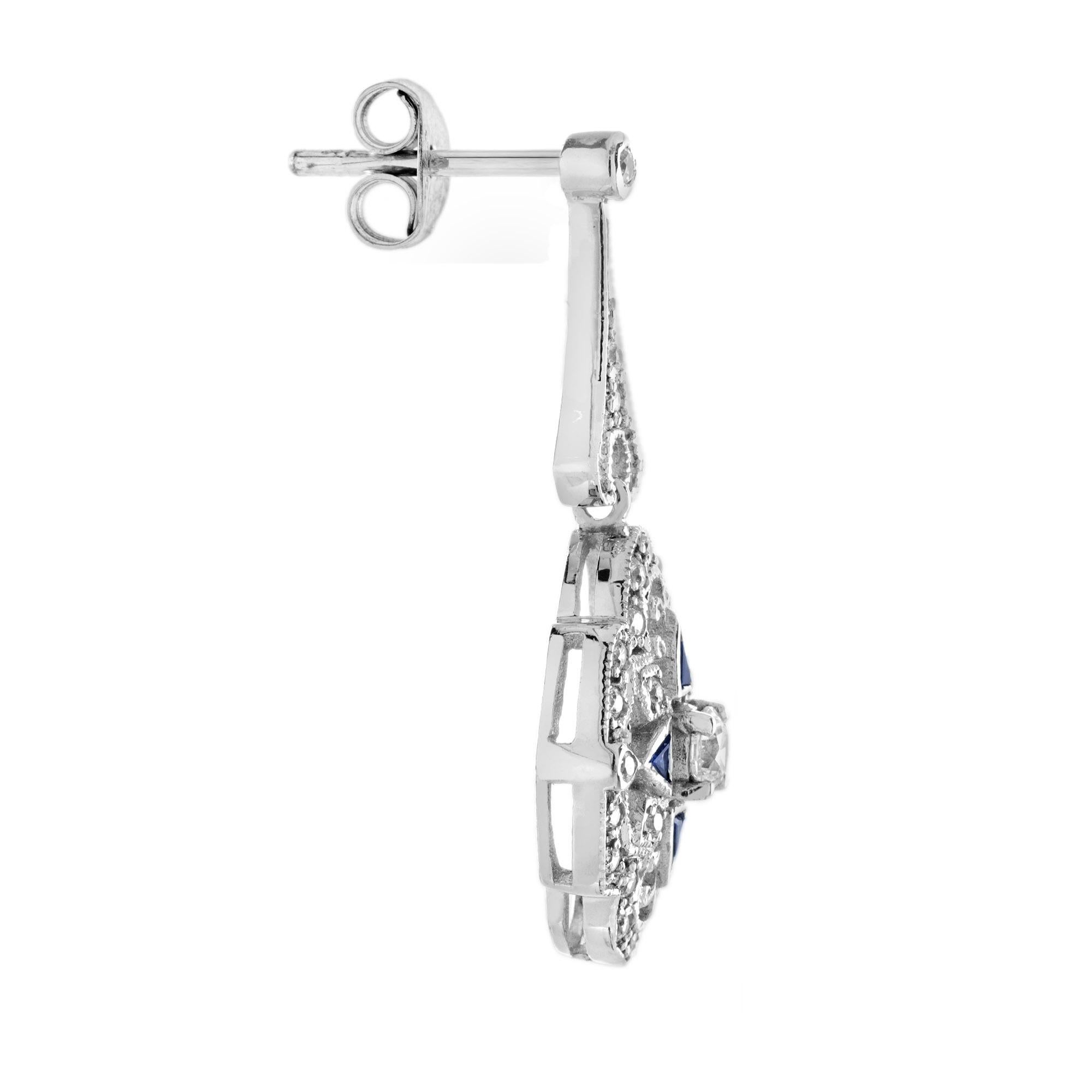 Taille ronde Boucles d'oreilles pendantes en or blanc 14 carats, diamant saphir, style Art Déco en vente