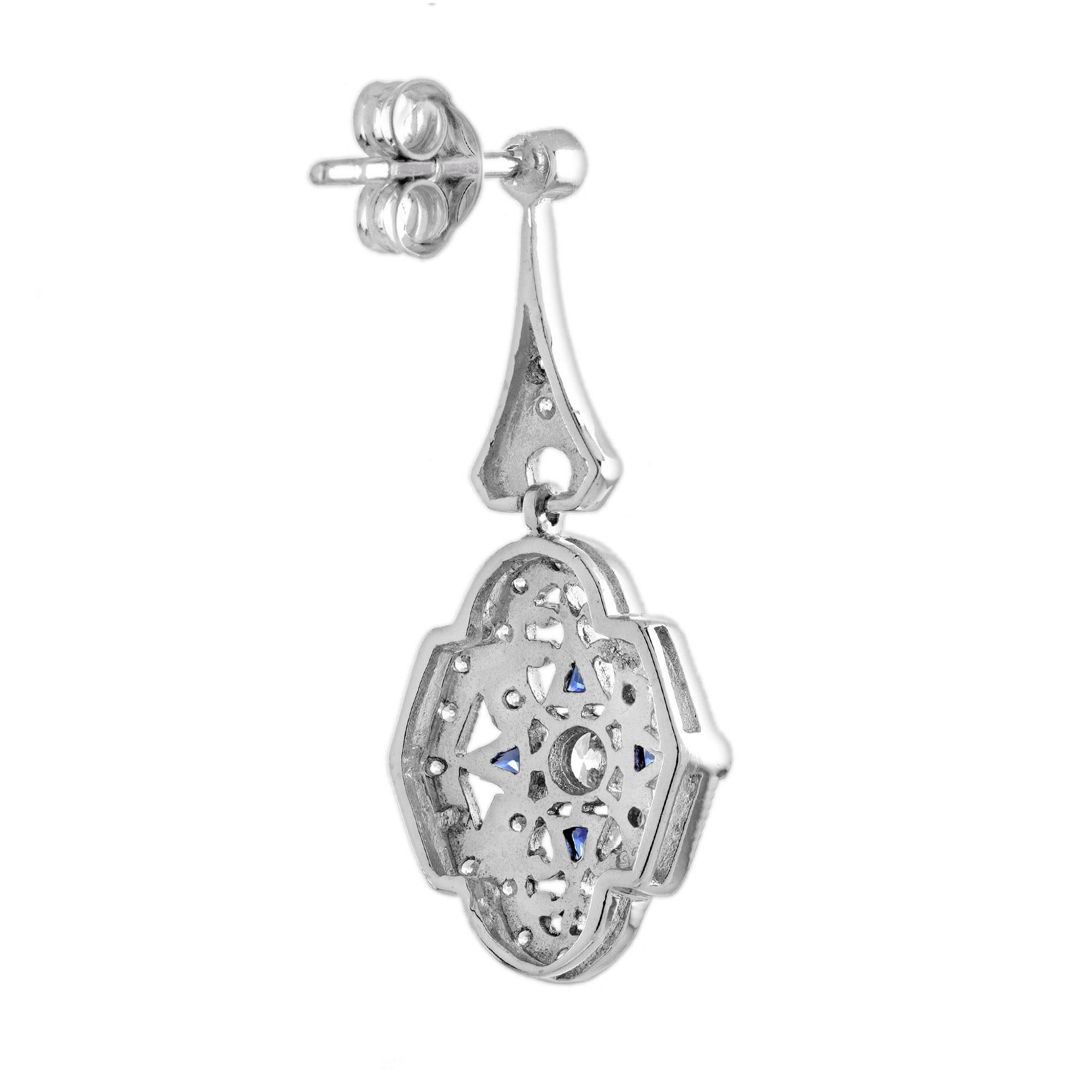 Boucles d'oreilles pendantes en or blanc 14 carats, diamant saphir, style Art Déco Neuf - En vente à Bangkok, TH