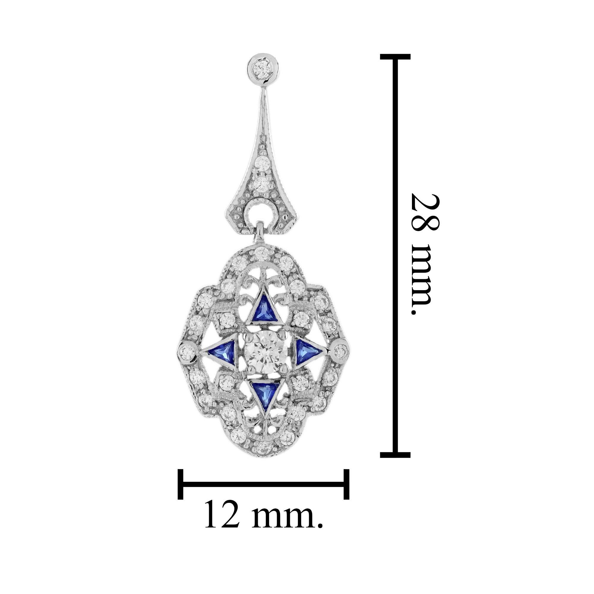 Boucles d'oreilles pendantes en or blanc 14 carats, diamant saphir, style Art Déco Pour femmes en vente