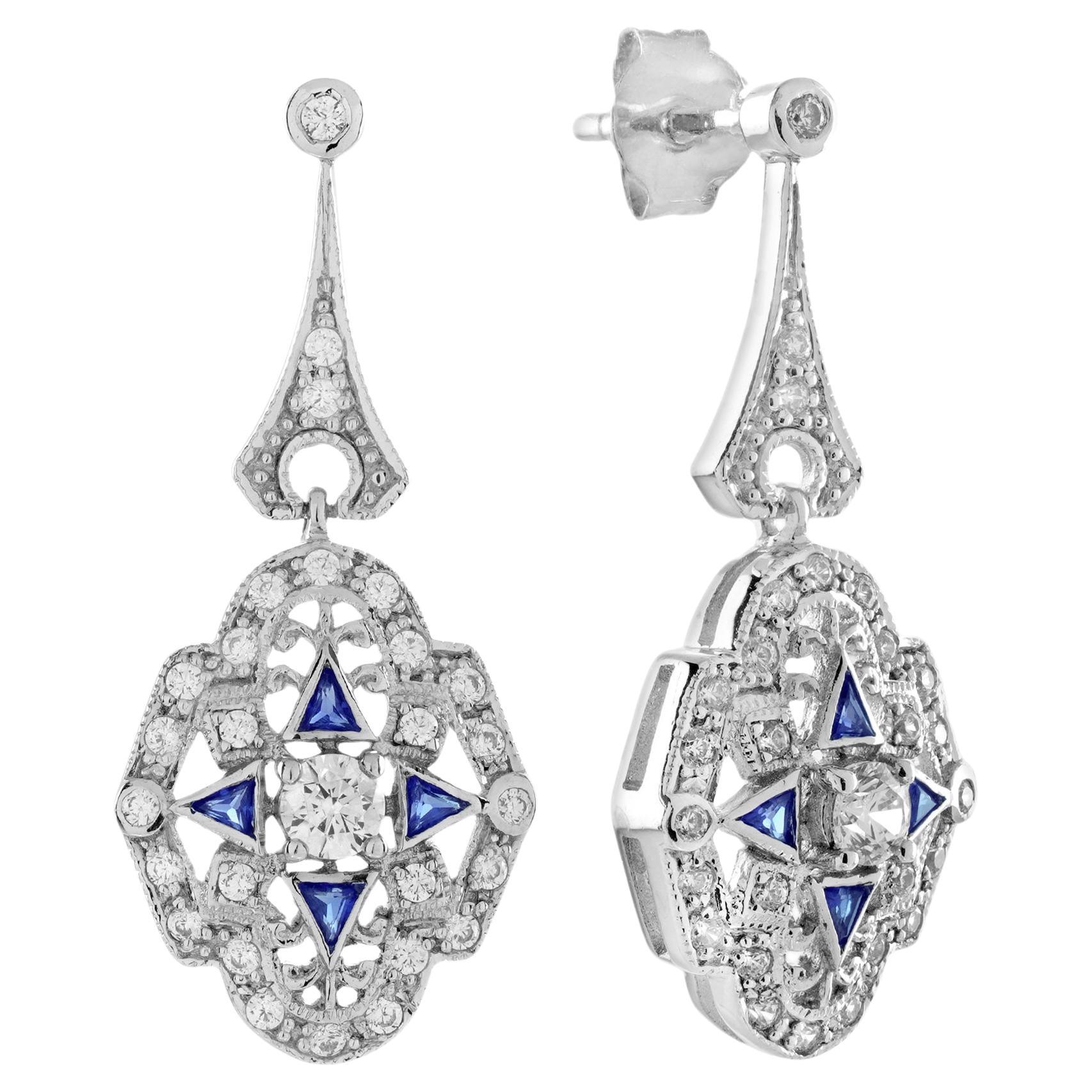 Boucles d'oreilles pendantes en or blanc 14 carats, diamant saphir, style Art Déco en vente
