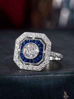 Diamond Sapphire Art Deco Style Engagement Ring in 18K White Gold