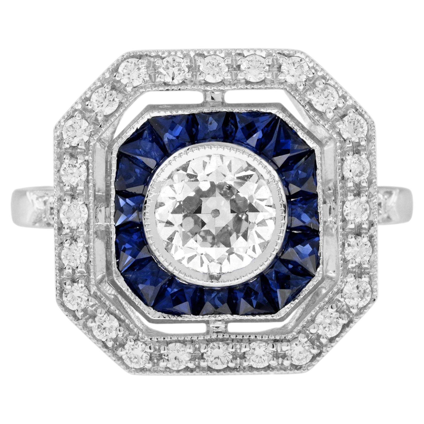 Diamant-Saphir Verlobungsring im Art Deco Stil aus 18K Weißgold im Angebot
