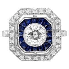 Diamond Sapphire Art Deco Style Engagement Ring in 18K White Gold