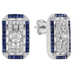 Diamond Sapphire Art Deco Style Filigree Plaque Stud Earrings in 14K White Gold