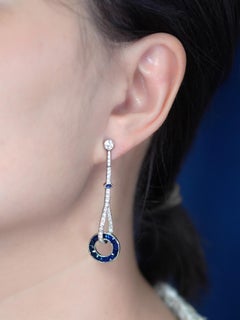 Diamond Sapphire Art Deco Style Linear Circular Drop Earrings in 18K White Gold