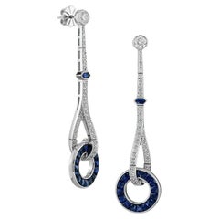 Diamond Sapphire Art Deco Style Linear Circular Drop Earrings in 18K White Gold