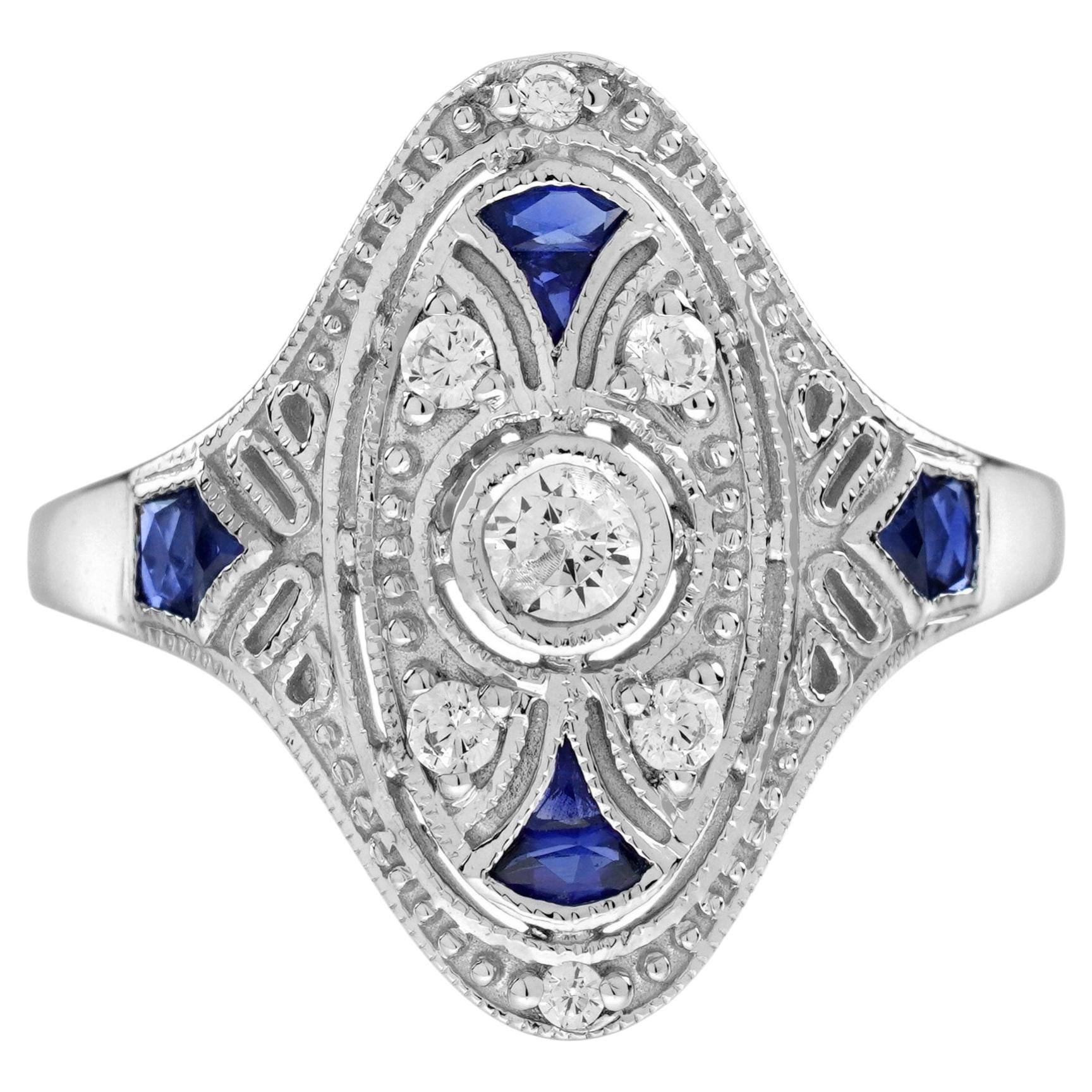 Diamond Sapphire Art Deco Style Navette Engagement Ring in 14K White Gold For Sale