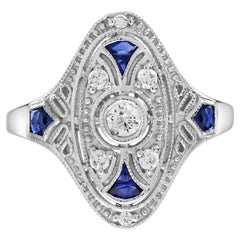Diamond Sapphire Art Deco Style Navette Engagement Ring in 14K White Gold