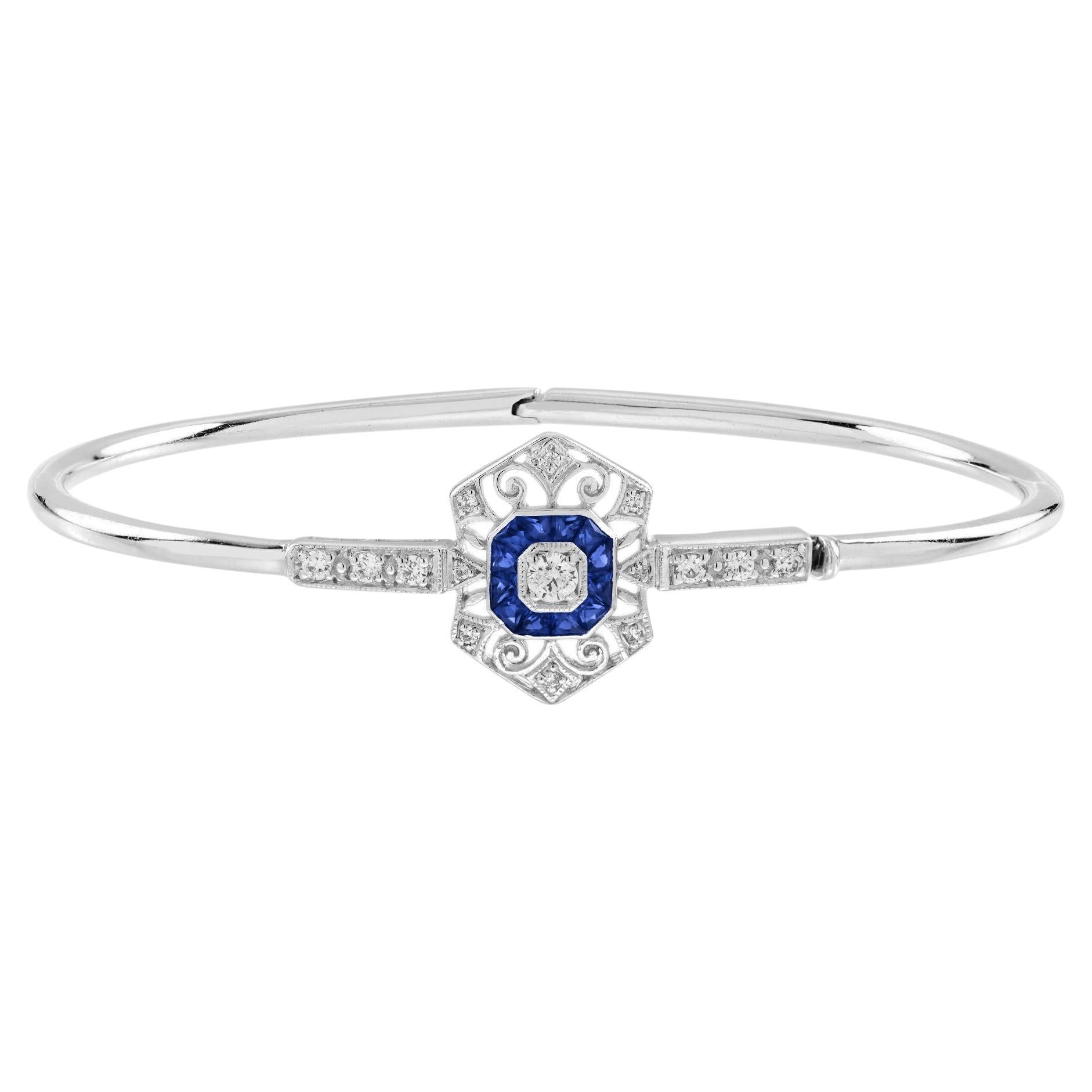 Diamond Sapphire Art Deco Style Openwork Bangle in 18K White Gold